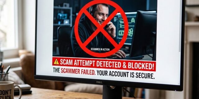 Picture of a computer monitor showing a failed scam attempt theat was sopped