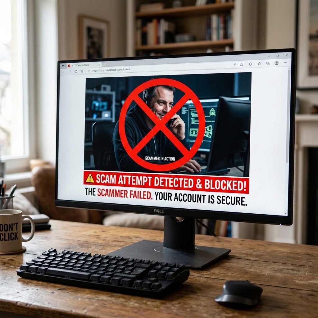 Picture of a computer monitor showing a failed scam attempt theat was sopped